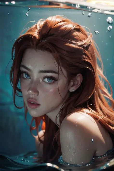 a woman with red hair and blue eyes is in the water