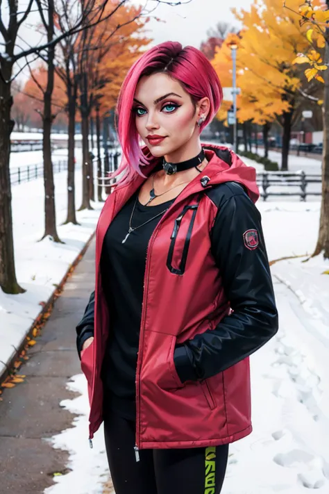 judy, pixie cut pink hair, green eyes, piercings, pink jacket, black leggings, choker, jewelry, looking at viewer, serious, smiling, blush, 
standing, hands in jacket pocket, outside, park, pathway, trees, autumn, snow, snowing, overcast, high quality, mas...