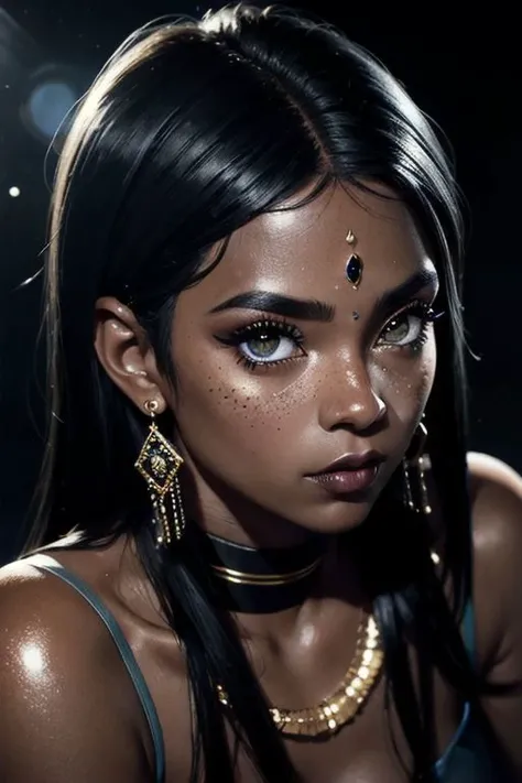 an eye contact of a Brazilian woman, (black skin:1.7), blue spotlight, dark theme, lonely, Lavish, Matte black eyeshadow with a cut crease, metallic lipstick, golden ratio, Almond-shaped eyes, Freckles, indietronica, soft lighting, bokeh