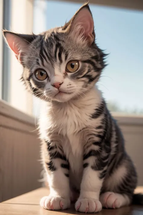 there is a small kitten sitting on a table looking at the camera