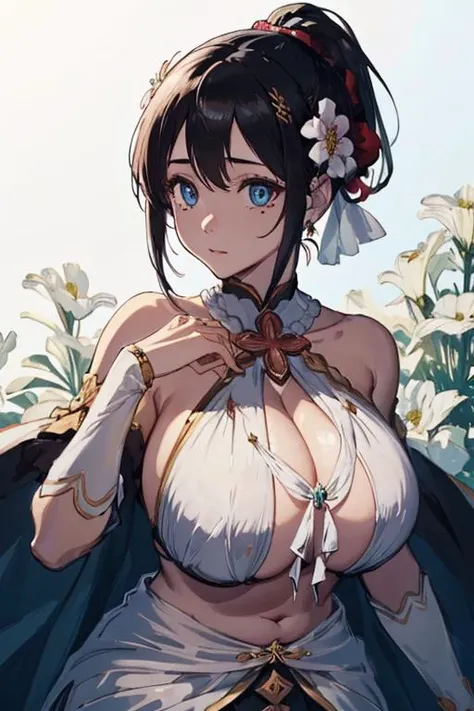 high quality, best quality, masterpiece,1girl, perfect face,curvy,outfit-yui,(gigantic breasts:1.1), (finely detailed beautiful eyes: 1.2), (black hair:1.4), blue eyes, (high ponytail:1.4),red headband, (white hair flower:1.1), single earring, (one mole un...