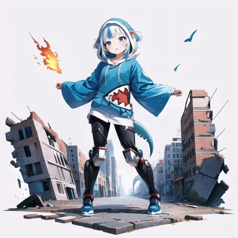 anime girl in blue outfit with fire in hand standing on a city street