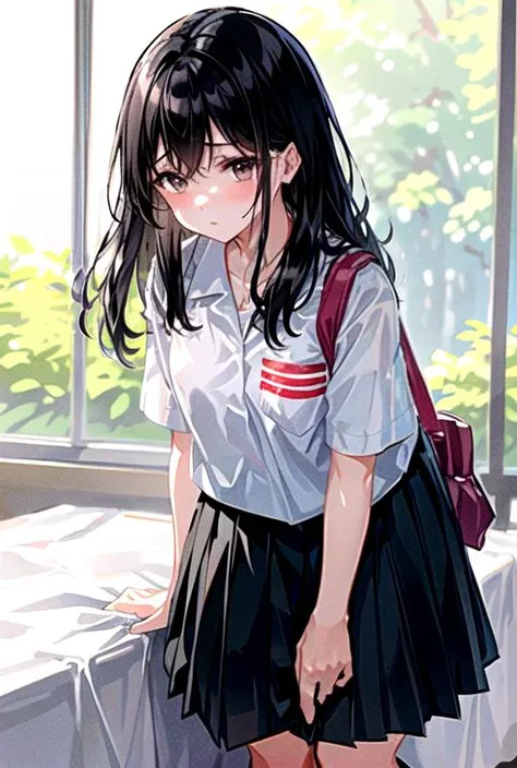 anime girl in school uniform standing by window with backpack