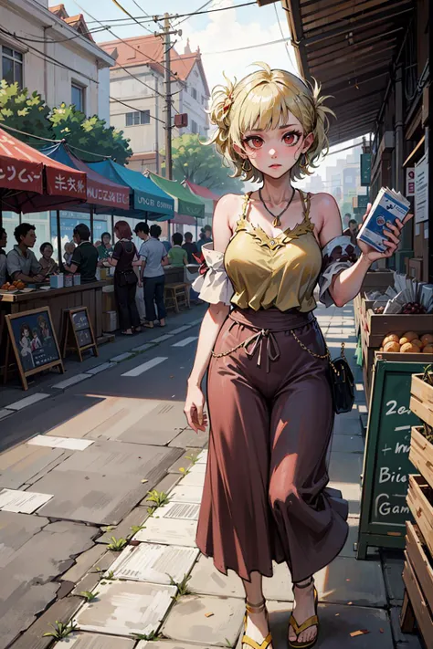 anime girl walking down the street with a book in her hand