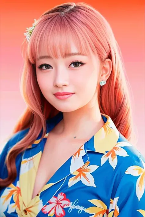 reive wearing a (hawaiian shirt:1.2), 1girl, makeup, eyeliner, pink hair, detailed beach background, summer, (quality:1.4), (photorealistic:1.4), happy smile, looking at viewer, highly detailed skin, skin pores, subsurface scattering, absurdres, perfect an...