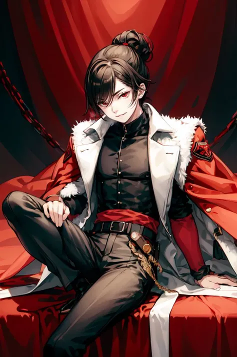 <lora:Focke_wulf_style_v02:0.8>,, ultra detailed, masterpiece, best quality, solo, smug smile, sitting, arm rest, head on hand, throne room, red banner, black and red theme, 1boy, red eyes, <lora:Tsurime3:1>, (tsurime:1.2), black hair, undercut, top knot, ...