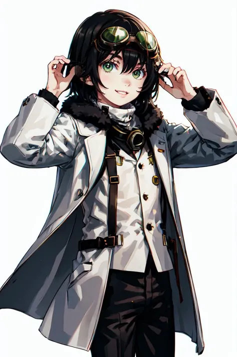 <lora:Focke_wulf_style_v02:1>, (goggles on head:1.3),, ultra detailed, masterpiece, best quality, solo, smile, 1boy, green eyes, short hair, black hair, bangs, hair between eyes, messy hair, goggles on head, headband, white coat, hooded coat, hood down, op...