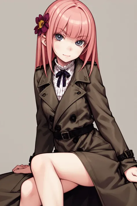 solo, mature female, reclining, pink hair, ribbon bangs, grey eyes, dark brown trench coat, beautiful detailed face, ultra detailed eyes, sidelighting, Myrsine (flower), floral background <lora:Focke_wulf_style_v01:1>