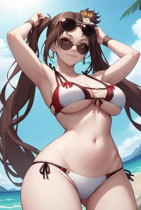 score_9, score_8_up, score_7_up, source_anime BREAK 1girl, solo, looking at viewer, cowboy shot, <lora:Yu_Mei-Ren_Psdxl:1>, Yu_Mei-Ren_Swimsuit, brown eyes, twintails, brown hair, long hair,  eyewear on head, sunglasses, tinted eyewear, swimsuit, white bik...