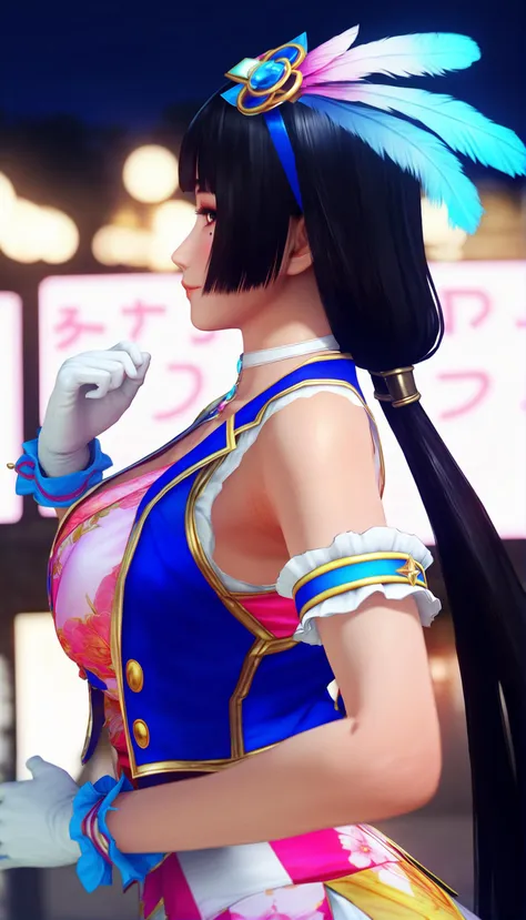 a close up of a woman in a costume with a long ponytail