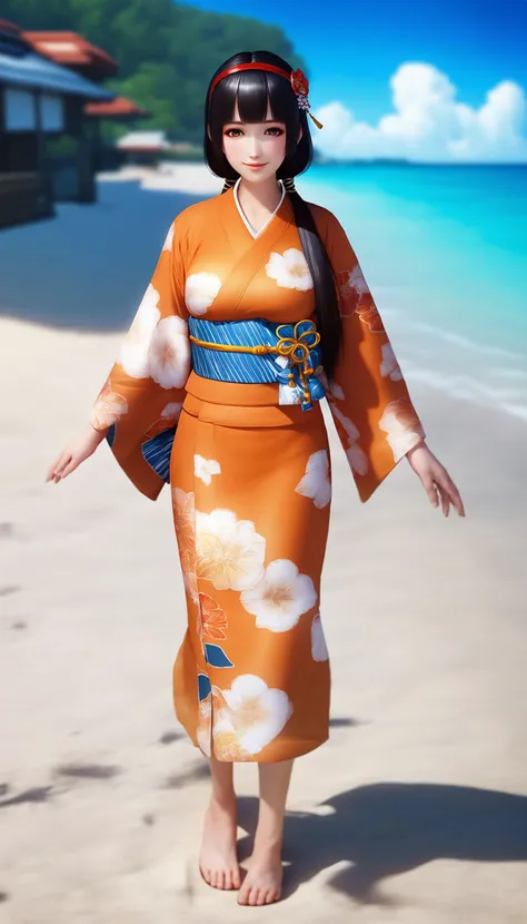 a woman in a kimono standing on a beach next to the ocean