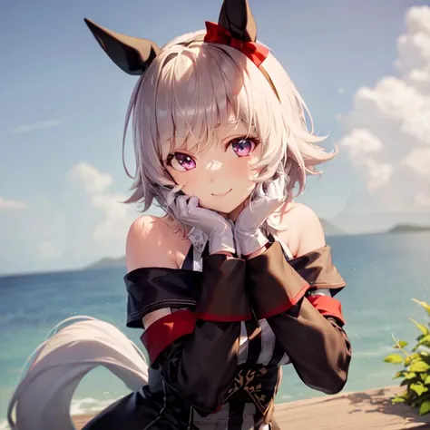 anime girl with white hair and black dress posing on a beach