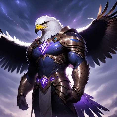 a close up of a bald eagle with a sword in its hand