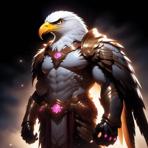 a close up of a bald eagle with a sword and armor