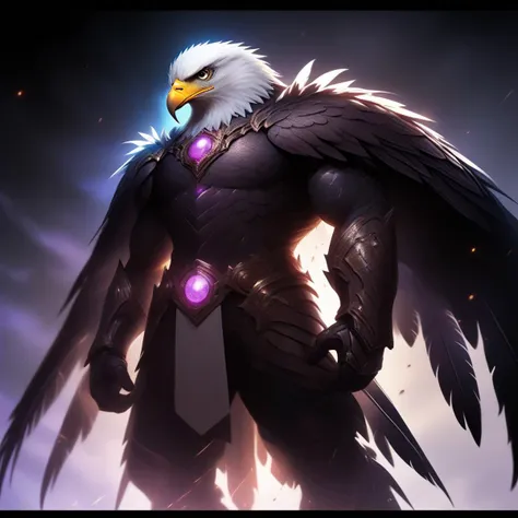 a close up of a bald eagle with a purple light on its chest