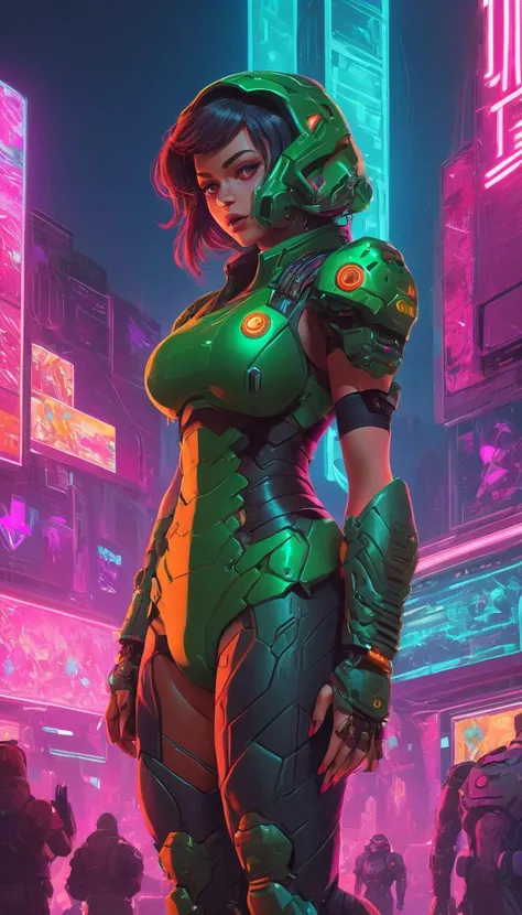 isometric style Female Doomguy, reimagined in a cyberpunk universe, colorful cyberpunk surroundings, cyberpunk, cyberpunk outfit, cyberpunk art style, glowing multicolored neon lights, cinematic scene, detailed background, piercing eyes, masterpiece, best ...