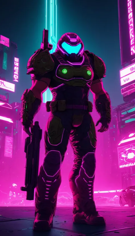 neonpunk style Doomguy, (reimagined in a cyberpunk universe), (cyberpunk style), (cyberpunk), augmentation, cybernetics, glowing neon lights, cinematic scene, hero view, action pose, masterpiece, best quality, high quality, absurdres, vivid <lora:doomguy_x...