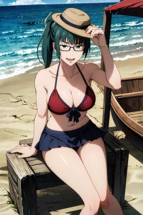 MakiZenin,1girl, perfect, beautiful, lnd_woman, lnd_body, posing, sitting, front, bikini, ponytail, [(green hair:1.1):2] eyewear,  (posing sexy to camera), looking looking at viewer, open mouth, evil smile, midriff peek, thighs, knees up, BREAK beach, sand...