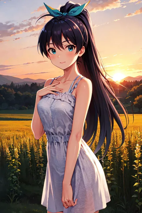 masterpiece, best quality, highres, aahibiki, ponytail, long hair, hair ribbon, antenna hair, <lora:ganaha_hibiki_v1:0.7>, sunset, field, standing, hand on own chest,