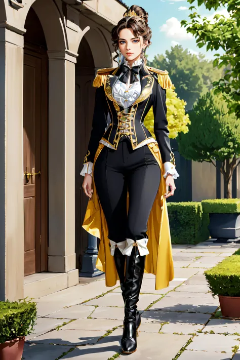 (masterpiece, best quality, ultra detailed, absurdres:1.5), 1girl, (sexy, beautiful woman, perfect face, perfect eyes, perfect female body:1.5), (r1d3r, jacket, tailcoat, tiara, pants, trim, cuffs, frills, corset, stand-up collar, bowtie, (tall coiffures a...