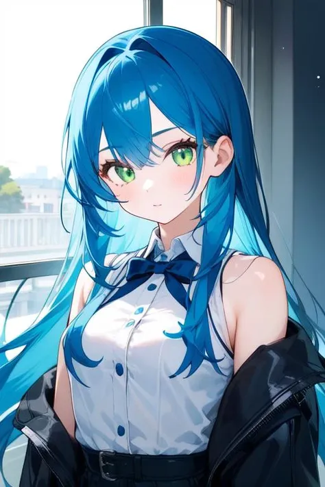 a close up of a person with blue hair and a bow tie