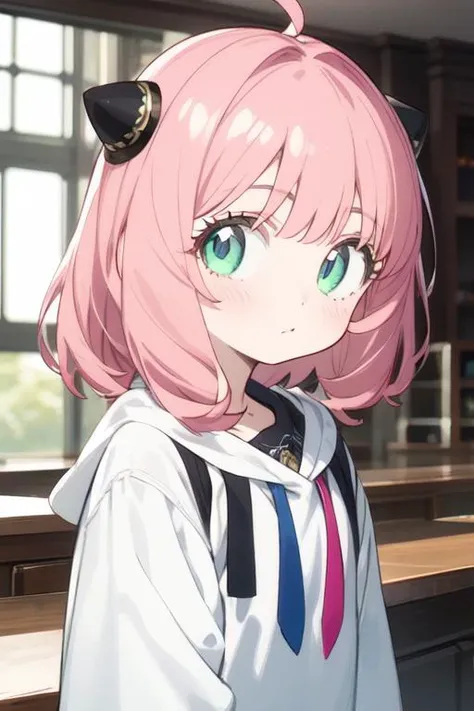 anime girl with pink hair and black cat ears standing in front of a counter