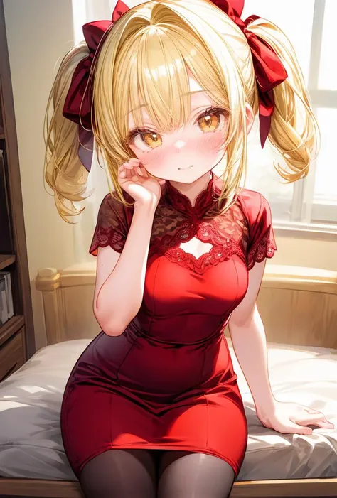 anime girl in red dress sitting on bed with her hand on her chin