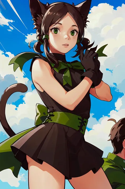 <lora:Gudoc Style Lora:0.8> Gudoc, Thin lineart, soft shading, film grain, <lora:RtPL-Rose:1> rose_(riviera), cat_ears, green_eyes, cat_tail, black_hair, green_bow, gloves, green ribbon, black_dress, sleeveless,, ultra detailed, masterpiece, best quality,