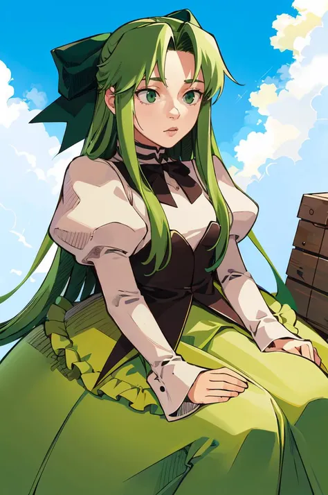 <lora:Gudoc Style Lora:0.8> Gudoc, Thin lineart, soft shading, film grain,  <lora:RtPL-Fia:1> Fia_(riviera), green eyes, green dress, very long hair, long hair, bow, dress, frills, frilled dress, long sleeves, puffy sleeves,, ultra detailed, masterpiece, b...