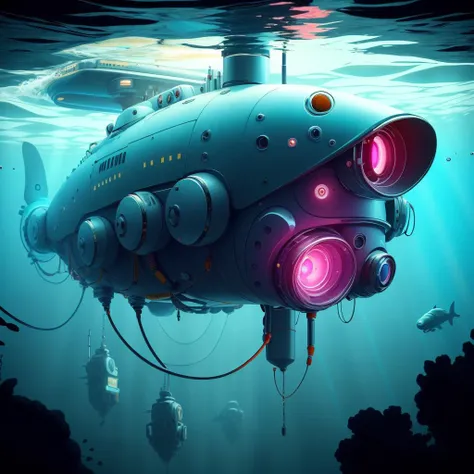 <lora:SpyWorld50s:1>SpyWorld50s, artificially intelligent deep sea drones patrolling a futuristic underwater city, colorful, (Masterpiece:1.3) (best quality:1.2) (high quality:1.1)