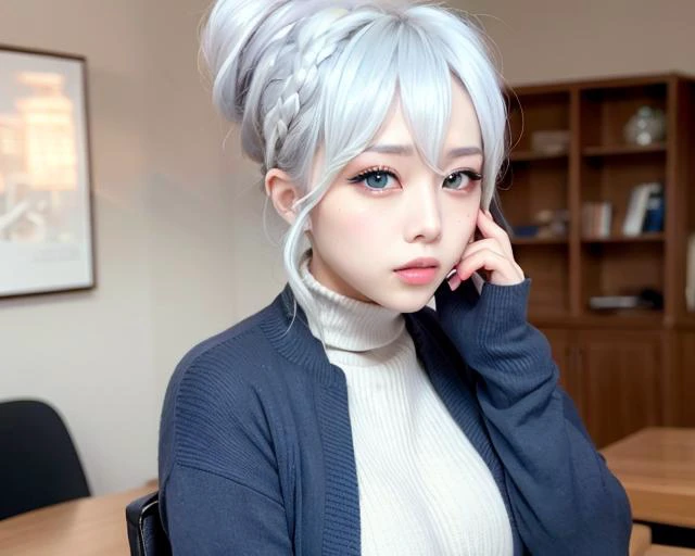 1 chinese girl, ((blush)),masterpiece, silver hair, sweater,saliva,  pantyhose, blue eyes, mature, office lady, [light blue jacket], (vibrant colors), solo, (dalcefo, sakimistyle:1.1), Pilyeon, (stare, realistic, lips, eyelashes:0.75), office, modern offic...