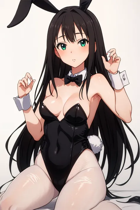 shibuya rin,(white background:1.2),(wariza:1.2),(playboy bunny:1.2),looking at viewer, rabbit ears,blush,cowboy shot,