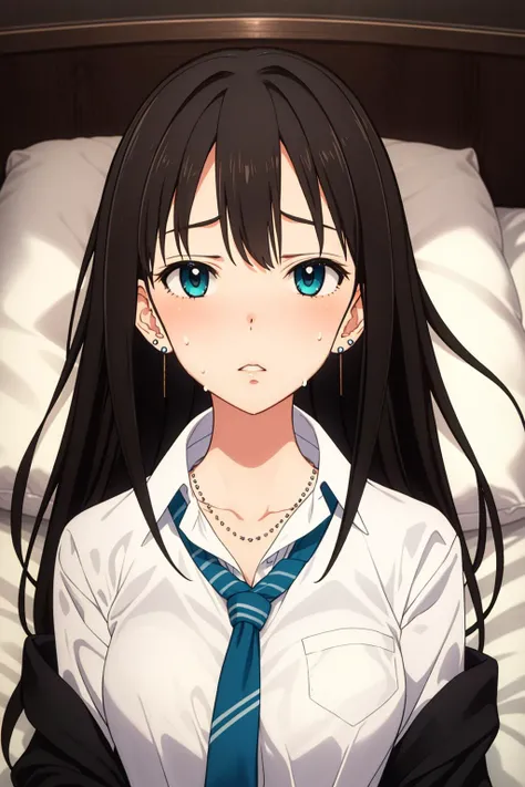 shibuya rin,earrings,lying, on back,on bed,nose blush, upper body, sweat,parted lips,school uniform, long hair,