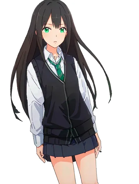 anime girl with long black hair and green eyes in school uniform