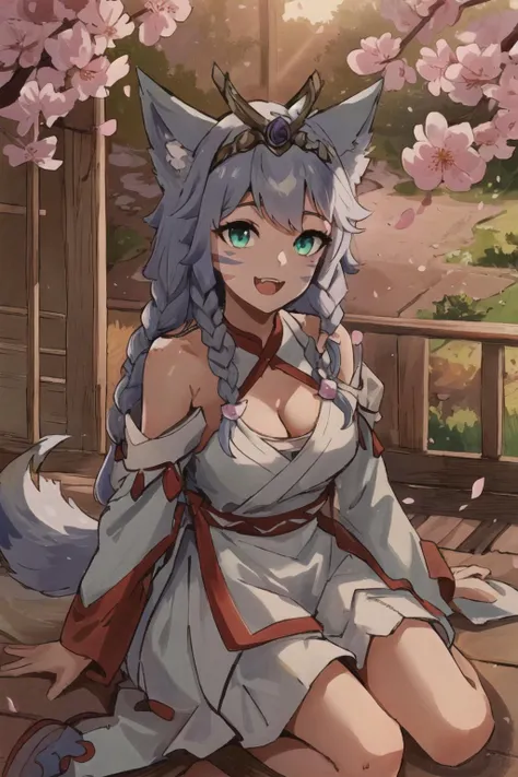 Io, light green eyes, wolf ears, wolf tail, very long light blue hair, (blue facial mark:1.1), twin braids, skinfang, IoDre,white dress ,detached sleeves, bare shoulders, clothing cutout , tiara upper body, day, light rays, veranda, (masterpiece, best qual...