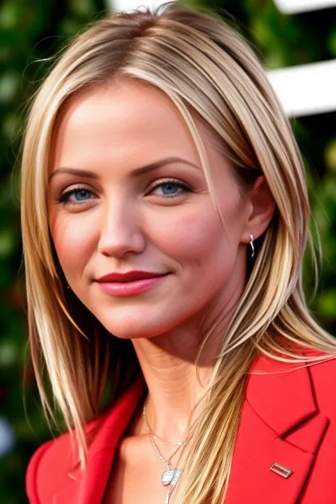 a close up of a woman in a red jacket and necklace