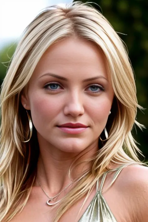 a close up of a woman with blonde hair and a necklace