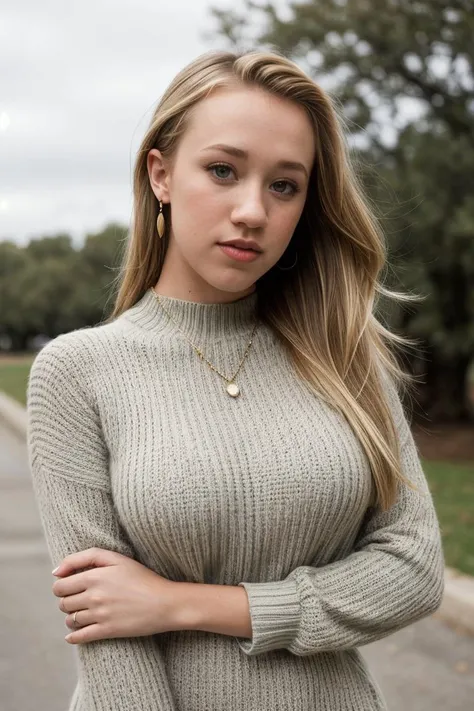 a woman in a sweater and jeans standing on a sidewalk