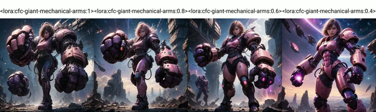 amazing quality, masterpiece, best quality, hyper detailed, ultra detailed, UHD, HDR, DOF, depth of field, perfect anatomy, sci-fi,
1girl, (purple hybrid pink:1.1) giant mechanical arms, fighting stance, fist, hand up,
glowing, shine, dazzling,( universe s...