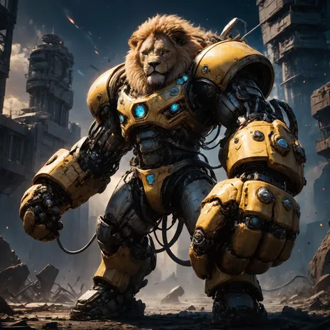 amazing quality, masterpiece, best quality, hyper detailed, ultra detailed, UHD, HDR, DOF, depth of field, perfect anatomy, sci-fi,
lion, (yellow:1.2) giant mechanical arms, fighting stance, fist, hand up,
glowing, shine, dazzling,
<lora:cfc-giant-mechanic...