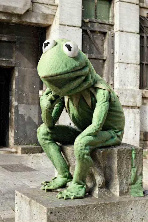 <lora:The_thinker-10:0.9>, the_thinker, sitting statue, 1 man sitting, chin on hand, hand on thigh,  <lora:Kermit:0.8> Kermit,