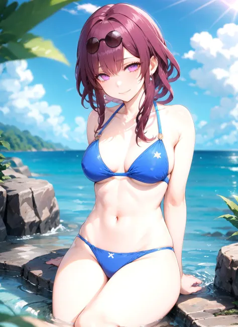 <lora:StarRail_Kafka_AP_v4:0.9>,
<lora:covering_breasts_v0.1:0.1>,
<lora:GoodHands-vanilla:0.6>,
1girl, dark purple bikini, official, purple eyes, perfect hands, sitting, light smirk, arms behind back, nature, water,