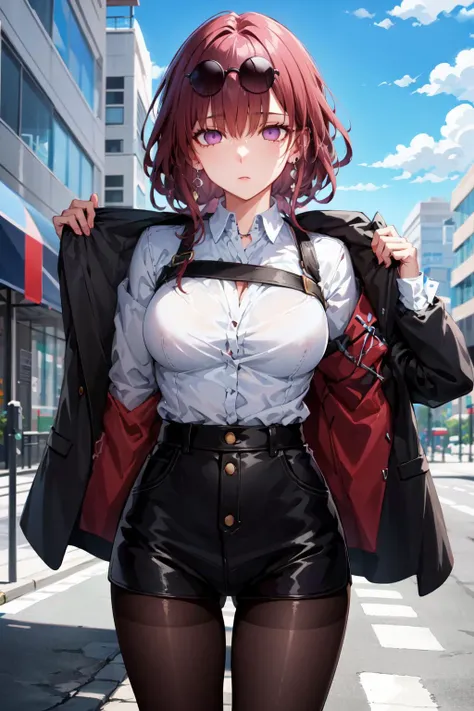 masterpiece, best quality, 1girl, skinny, large breasts, official,shirt, (undressing:1.4), pantyhose, eyewear on head, purple eyes, empty eyes, earrings, street