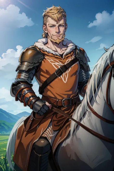 masterpiece, best quality,  <lora:JeraltFE3H-bsinky-v1:0.9> jeraltFE, mature male, beard, armor, fingerless gloves, solo, field, riding horse, horseback riding, looking at viewer, blue sky, smile