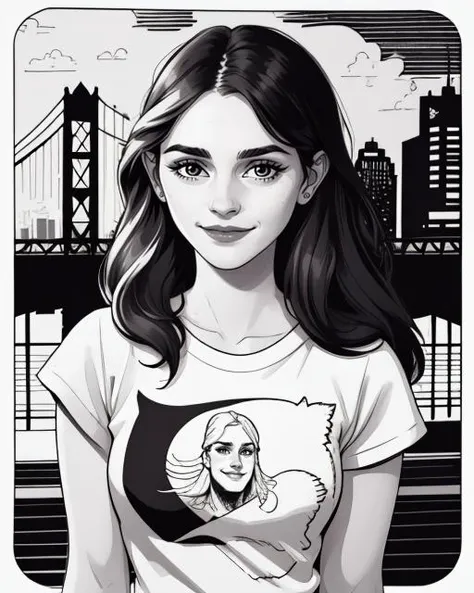 coloring book, line art, inked illustration, of <lora:emwts:0.95> emwts, adult, upper body, long hair, happy expression, wearing a simple tshirt, city background, 2D, 1 bit, monochrome, vector graphic, outline, high contrast, bold lines, crosshatching, by ...