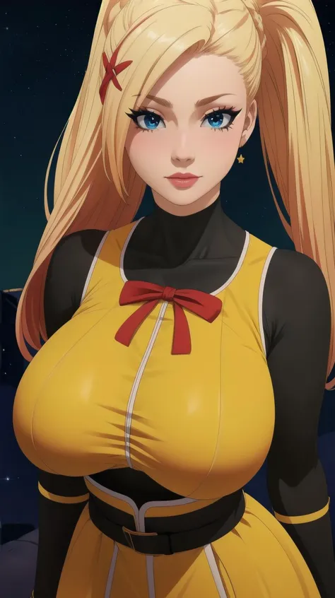 <lora:LalatinaV1:0.7> lalatinadustinessford, huge_breasts, standing, solo, Black_bodysuit_Yellow_high-waist_skirt_Front_slit_Red_bowtie, starry_sky,, masterpiece, best quality, detailed face, detailed eyes, highres,