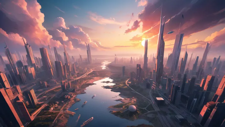 futuristic city, abnormal shapes, landscape photo, wonderful sky, colorful clouds, sunset, nature and man crafted cities, wonderful, photorealistic,