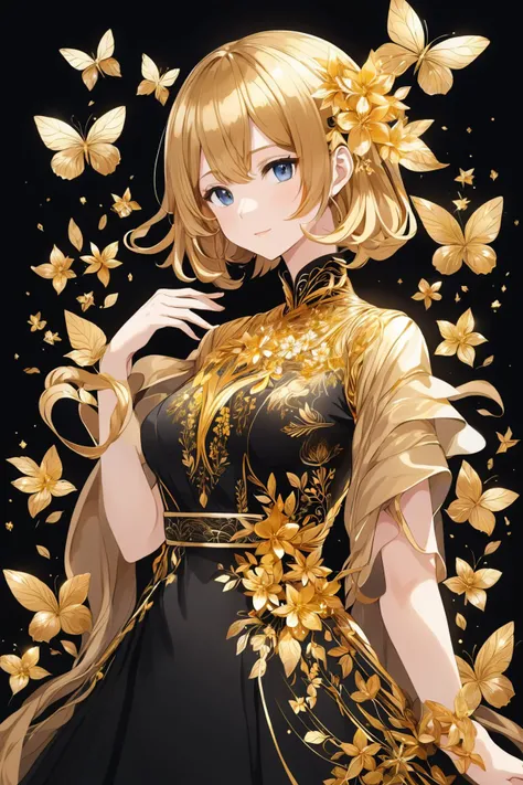 anime art style, a woman in a dress made of gold threads and flowers, black background, waist up shot