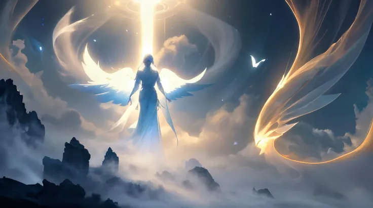 a woman standing in the clouds with wings flying above her