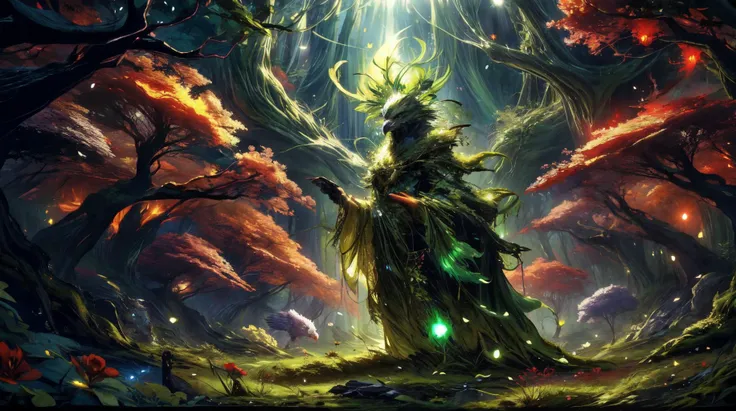 a painting of a wizard standing in a forest with a glowing light